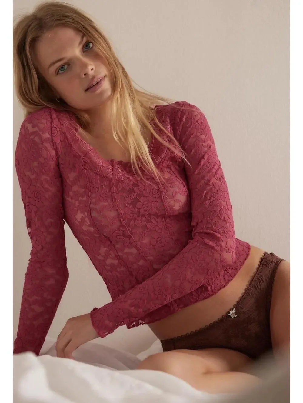 Free People Intimately All Night Long-Sleeve Lace Layering Top - Women Large NWT